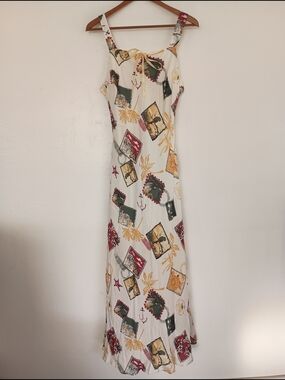 White Maxi Slip Dress with Yellow & Green Postcard Travel Print